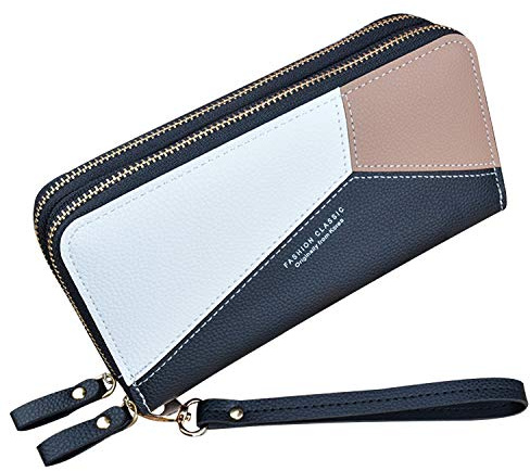 Yixuan Damen Geldbörse mit Doppeltem Reißverschluss Geldbörse PU Leder Telefon Geldbörse für Frauen Große Kapazität Lange Clutch Geldbörse mit Mehreren Kartensteckplätzen Armband Geldbörse