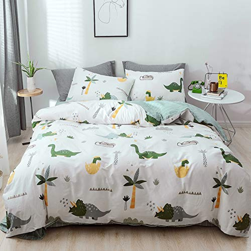 GETIYA Kinder Bettwäsche 135x200 Cartoon Dinosaurier Bettwäsche für Jungen Mädchen Weiche Baumwolle Bettbezug Dino Muster Weiß Grün Wendebettwäsche Einzelbett mit 1 Kissenbezug 80x80