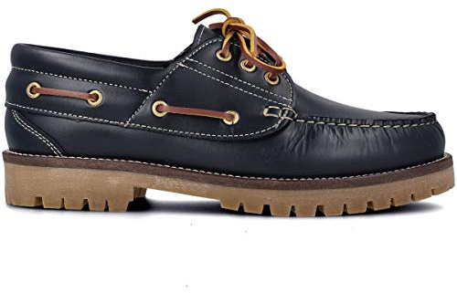 PAYMA - Zapatos Náuticos Timber de Piel Seahorse Engrasada. Hombre, Mujer, Niño. Hecho en ESPAÑA. 3-Ojales. Piso Goma Caramelo, Negro. Color: Azul Marino. Talla EU 40