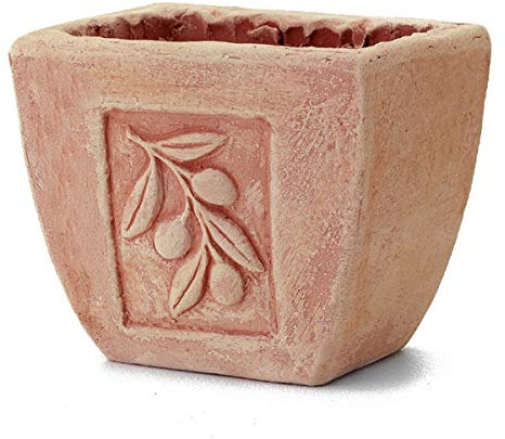 Generico Vaso in Terracotta con Ulivo in Rilievo + Sottovaso in Terracotta, Fioriera in Cotto Naturale, 30 cm x 25 cm x 20 cm