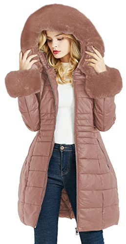 Geschallino Abrigo Largo Acolchado para Mujer Parka Gruesa con Relleno de Burbujas y Cuello de piel Sintética Extraíblee SS804 Rosa L
