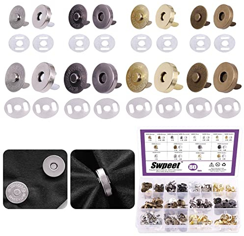 Swpeet Set di 80 chiusure magnetiche a bottone, 14/18 mm, chiusure in metallo oro, argento, bronzo, nero, fai da te, cucito, lavori a maglia, set di bottoni per cucito, borse, vestiti, pelle, colore