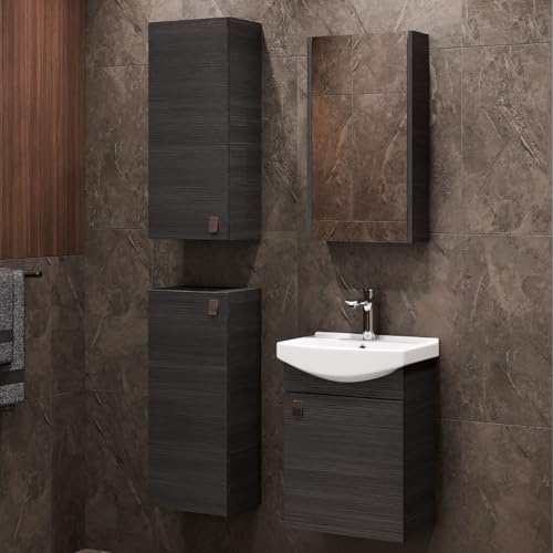 Planetmöbel Badmöbel Set Waschtisch mit Unterschrank | 45 x 60 x 33 cm, Spiegelschrank 40 cm, 2x Midischränke für Badezimmer, Gäste WC & Bad, Anthrazit
