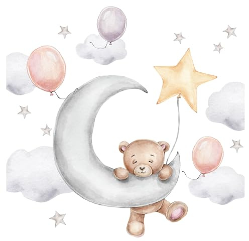 Little Deco Wandsticker Bär auf dem Mond mit Luftballons Wandtattoo für Babyzimmer Teddybär Sterne Wandaufkleber Kinderzimmer Deko DL829-4