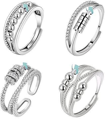 HIFOT 4pcs Anxiety Spinner Ring Set, Verstellbar Anti-Stress Ringe Mit Perlen für Damen Herren Mädchen - Silber Fidget Ringe für Geburtstags-Party-Geschenke