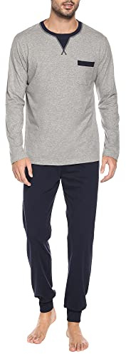 Winovia Herren Schlafanzug Langarm Baumwolle – Pyjama Set mit Rundhals & Bündchen – Bequemer Zweiteiler Loungewear Hausanzug Nachtwäsche mit Kontrastdetails