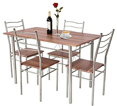 COSTWAY 5-teiliges Esstisch-Set, Küchentisch mit 4 Stühlen, Essgruppe mit hoher Rückenlehne, Sitzgruppe für Esszimmer, Küche, platzspar