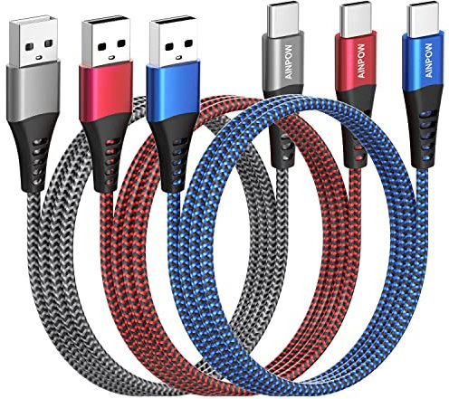 AINPOW USB C Charger Cable 2M 3Pack, Nylon Braided Type C Cable Fast Charging USB C Cables for Samsung Galaxy S23/S22 Ultra/S21/S20/Note,Huawei,Google Pixel