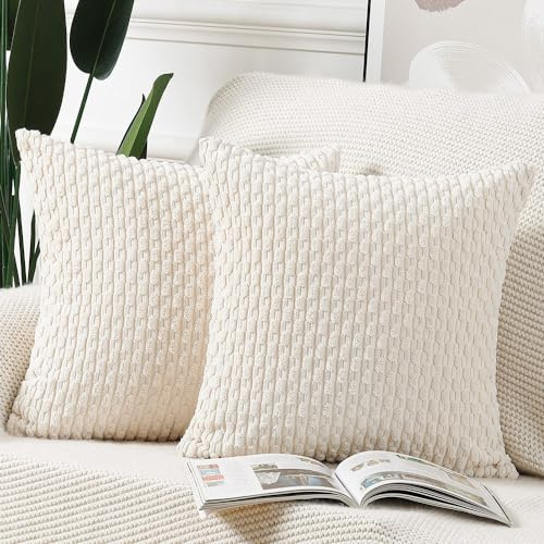 Madizz 2er Set Boho Gestreifte Kissenbezüge Weicher Kord Dekorativer Kissenbezug für Schlafzimmer Sofa Kissenhülle Creme Weiß 60 x 60 cm
