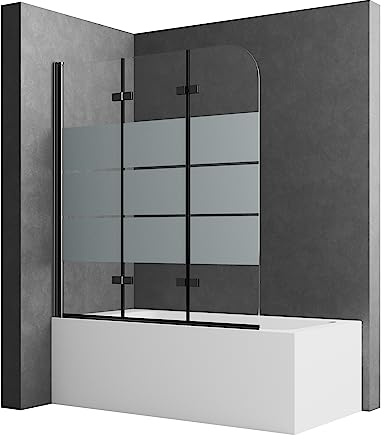 Duschwand für Badewanne 130x140cm Faltbar Duschwand Schwarz Faltbar Gestreift 3-teilig Duschabtrennung Badewannenaufsatz 6mm ESG Sicherheitsglas