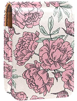 Watercolor Pink Peony Flowers Plants Lip Gloss Holder Lipstick Case Portable Mini Lipstick Storage Box Travel Lipstick Organizer Case with Mirror for Women.