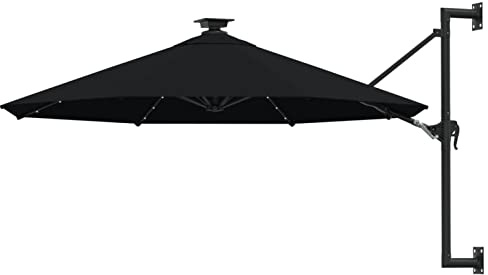 JUNZAI Sombrilla de pared con LEDs y poste de metal 300 cm negra, Parasoles De Jardin, Sombrilla Piscina, Sombrilla Terraza Exterior, Parasol Playa, Sombrillas Para Jardin - 312528
