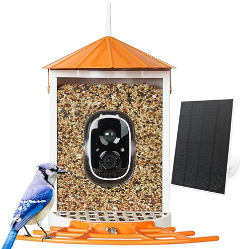 Birdkiss Vogelfutterstation Kamera Smart - Kabelloses Vogelhaus mit Solarpanel - Bewegungsaktiviert & Ansehen von HD Vogelvideo - Metall Eichhörnchensicher Vogelfutterstation - Orange, BF0020O