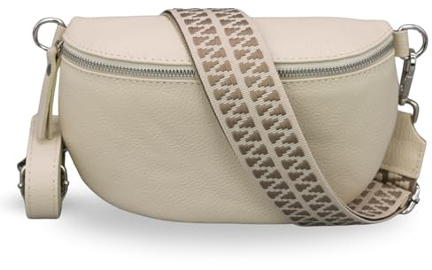 Adel Bags Bauchtasche Damen Echtleder Emma Silber Handgemachte Umhängetasche Crossbody Bag mit Optionalen Breiten Gemusterten Riemen Stylische Hüfttasche Made in Italy (Beige-Silber 3, Medium)