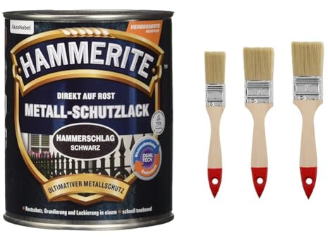 HAMMERITE METALLSCHUTZLACK HAMMERSCHLAG SCHWARZ 750ML & HARDY WORKING TOOLS Flachpinsel-Set 3-teilig