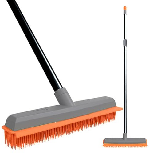 TreeLen Rubber Broom Carpet Rake Pet Hair Remover Broom with Squeegee Extension Push Broom for Carpet Hardwood Floor Tile Windows Cleaning