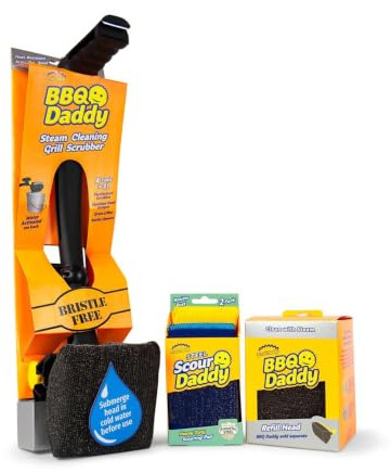 Scrub Daddy BBQ Cleaner Kit - Grill Master Bundle - Bristle Free Grill Brush with Refill + Scour Daddy Steel Grill Sponge - Temperature-Controlled Grill Tools - Cut Through Charred Buildup (4 Count)