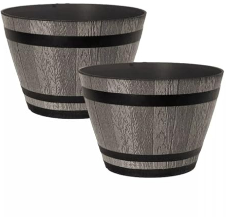 Fyne-Finds Set of 2 Plastic Whiskey Barrel Planter 30cm, 12inch Brown Ash 9L Outdoor Garden Decor Plant Pot with Drainage Holes