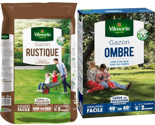 Vilmorin 4460418 Gazon Rustique, Vert, 15 kg & 4466514 Gazon Ombre, Vert, 1 kg