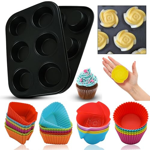 Metal Muffin Trays 2Pk with 12 Silicone Cupcake Cases Reusable Non Stick Cake Moulds Baking Pans Deep Cupcake Tins Oven Safe Pudding Tray Air Fryer Liners Bakeware Set