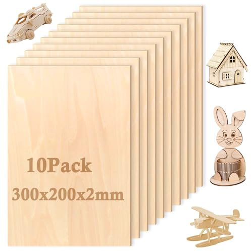 10 Pezzi Fogli di Legno di Balsa, 300 x 200 x 2mm Foglio di Compensato, Tavole Modello in Legno, per il Modello di Legno da Costruzione Crafts Taglio laser Pittura Pirografica