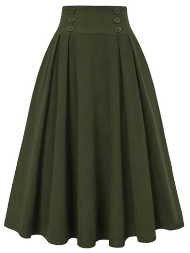 Belle Poque Women's Corduroy Skirt Vintage High Waist A-Line Swing Midi Skirt with Pockets&Buttons