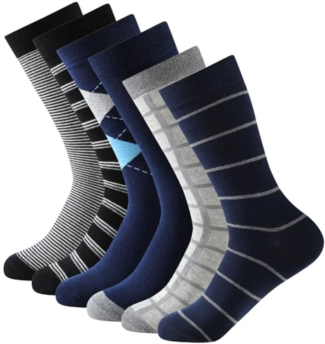 Balseti Calcetines Media Caña Formales y Básicos de Rayas y Rombos Negro, Gris, Azul para Hombres. Calcetines Ejecutivos, Frescos, Finos. 85% Algodón. Pack 6 Pares. Talla 43-47.