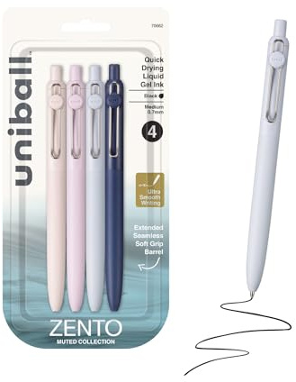 uni-ball Zento Gel Ink Rollerball Pens, 4 Black Medium Point Smooth Writing Pens, Colored Japanese Pens, Muted Colors