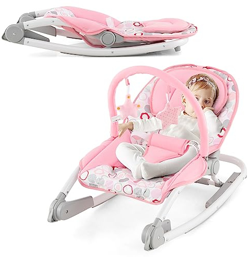 COSTWAY 2 i 1 babygunga, bärbar babygunga med 3-stegs justerbart ryggstöd och avtagbar lekbåge, babygungbräda med säkerhetsbälte, babyvagga kan belastas upp till 9 kg (rosa)