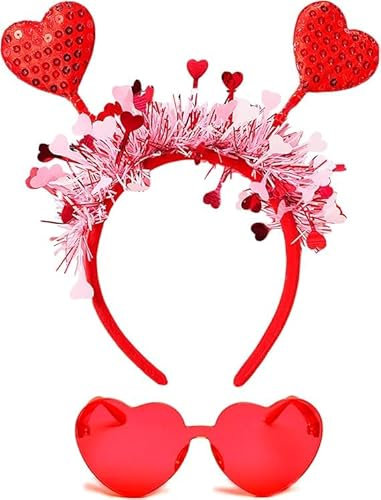 Herz Stirnband Rot mit Pailletten, Valentinstag Stirnband mit Infinity Herz Brille, Glitzer Haarbänder Damen,Rote Herz Haarreifen für Foto Requisiten Valentinstag Hochzeit, Geburtstag Party (Rot-B)