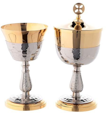 Holyart Calice ciboire Pied Fausse-Coupe Ton Argent martelés Laiton doré 24k, Ciboire