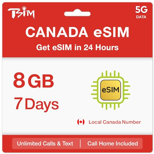 Kanada eSIM für 7 Tage | Lokale Kanada-Nummer mit unbegrenzten Anrufen, SMS und 8 GB 5G-Daten | eSIM innerhalb von 24 Stunden Versand erhalten | Hotspot-Sharing erlaubt | Call Home inklusive