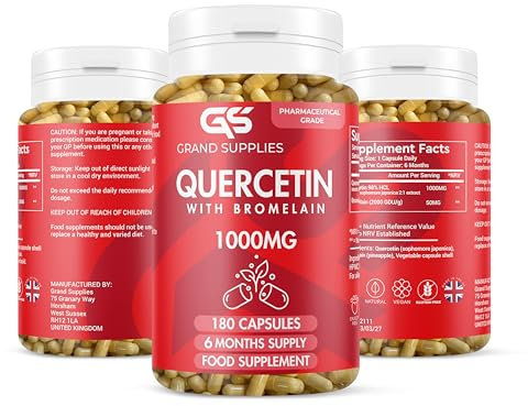 Pure Quercetin Supplement 1000mg- Organic Quercetin Bromelain Capsules for Immune Health, Respiratory Support, & Overall Wellness- Non GMO Antioxidant Supplement- 6 Month Supply