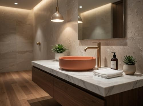 Lavabo rond à poser sans trop plein en céramique sans trou de robinet - Terracotta Mat