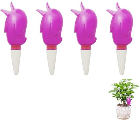 Vogel Tonkegel Bewässerung, 4er Set Wasserspender Pflanzen Vogel, Automatische Ton Bewässerungskugeln Zimmerpflanzen, Wasserspender Terrakotta Stiel für Pflanzen Blumen Bewässerung Indoor (Lila)