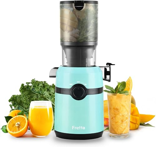 Fretta Entsafter Slow Juicer mit 108 mm XL Öffnung&1L Kapazität,Entsafter Gemüse und Obst,200W Saftpresse elektrisch mit Cold Press,Einfache Reinigung und Leiser Motor,BPA-frei (Sky Blue)