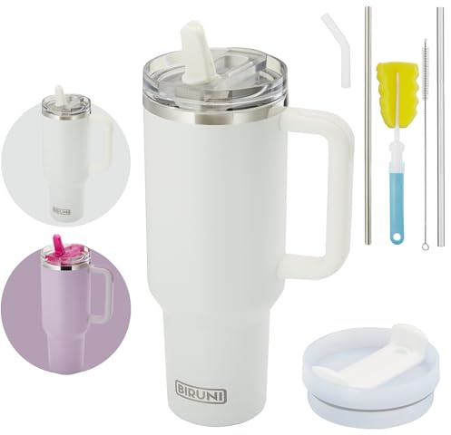 Thermobecher mit Strohhalm – Thermobecher 1,18l – doppelwandiger, vakuumisolierter Trinkbecher mit Deckel und Strohhalm, Reisebecher, Kaffeebecher Isolierbecher für heiße und kalte Getränke (Weiß)