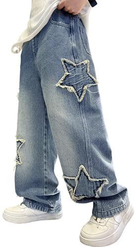 Rolanko Vaqueros Baggy Cargo para Niños Jeans Skater con Cintura Elástica y Multi-Bolsillos Pantalones Denim Vintage Bootleg Streetwear para Niños, Azul Denim Vintage, Talla: 150/10-11 Años