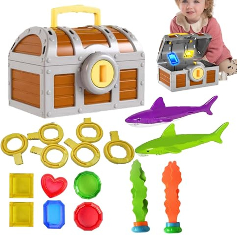 Fukamou Juguetes de Buceo | Juego De Búsqueda del Tesoro con Caja Grande para Entrenamiento De Natación | Llaves Gemas Peces Y Actividades Subacuáticas para Niños Niños Pequeños Y