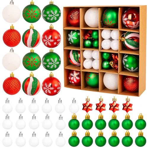 44Pcs Christmas Baubles Set, Red White Green Christmas Tree Decorations, Shatterproof Xmas Balls and Ornaments for Hanging, Festive Holiday Home Decor, Classic Christmas Decorations Set for Xmas Tree