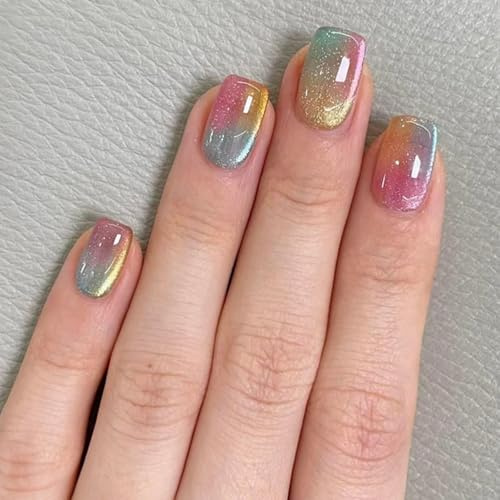 Viugex 24 Stück Nägel Zum Aufkleben Kurz Eckig, Bunter Farbverlauf French Press on Nails Glänzend Katzenauge Künstliche Nägel, Natürlich Acrylnägel, Vollabdeckung Falsche Nägel für Frauen Mädchen