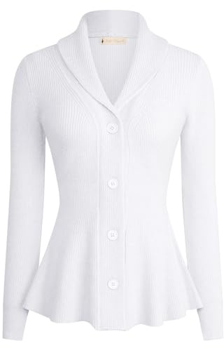Belle Poque Cárdigan de punto de manga larga para mujer, cuello de solapa, con dobladillo con volantes, abrigo de punto informal, Blanco claro., L