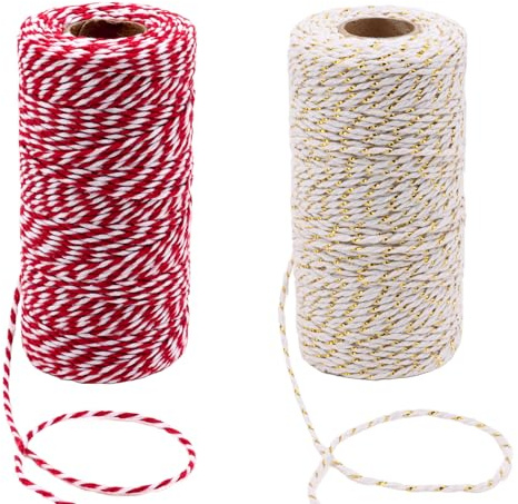 Wanciler 2 Rolls 200m 656 feet Red and Gold Christmas Twine Cotton String Jute Twine for Gift Wrapping DIY Crafts Holiday Tags Presents Baking and Decorations