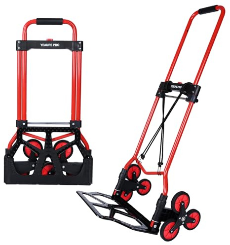 YEAUPE PRO Carrello Saliscale Pieghevole con Manico Telescopico, Ruote in Gomma, 2 Cinghie | Portata 50 kg per Traslochi, Giardino, Trasporto, Rosso - Tre Ruote