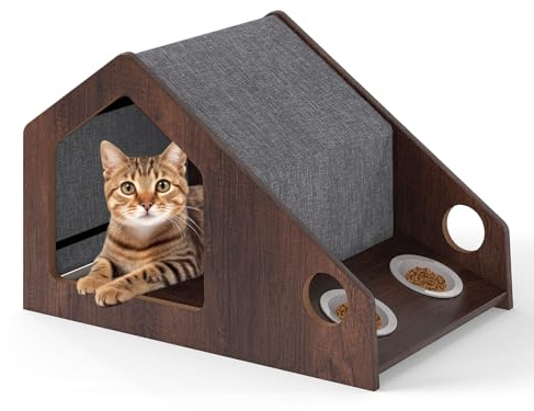 COSTWAY Casa para Gatos de Madera para Interior, 60x40x40 cmCaseta para Gatos con Comedero, Techo Desmontable y Lavable, Estructura Metálica, Villa de Estilo de Granja, Refugio Decorativo para Gatitos