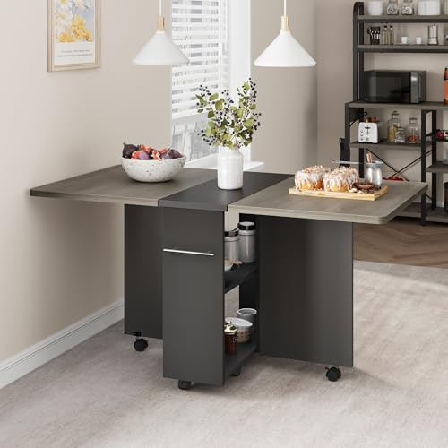 Niwugady Esstisch Klappbar, Küchentisch mit 2 Ablagen für 4-6 Personen, Mobiler Klapptisch Esszimmertisch mit Rollen für Kleine Räume, Esszimmer, Küche, 120 x 60 x 75 cm, Grau