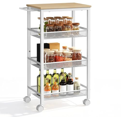 HOOBRO 4-stöckiger Servierwagen mit Rollen und Verstellbaren Füßen, Rollwagen mit Zaun, Küchenwagen, Küchenregal, Barwagen, für Küche, Wohnzimmer, Badezimmer, Weiß und Natur EWN72TC01