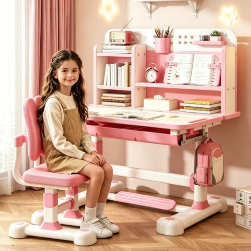 Set di scrivania e sedia per bambini, scrivania per bambini regolabile in altezza con piano di 80 cm, divisorio scientifico, cassetti, scaffale, perfetto per rosa