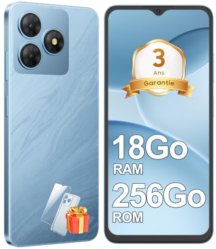 Ausriray Telephone Portable Android, 18Go+256Go/TF 2To Octa Core Smartphone | Écran 6.56 HD+, Batterie 5000mAh, 13MP+8MP, Smartphone Pas Cher 4G Dual SIM, Face ID/GPS/3Ans De Garantie - Bleu