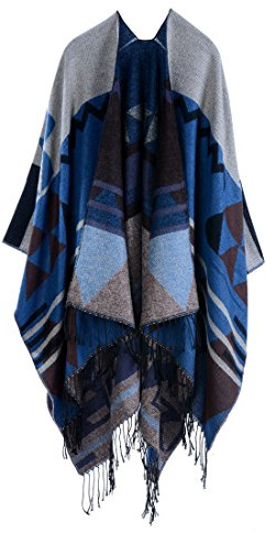 YianBestja Damen Herbst/Winter Poncho mit Quaste, 130 * 150CM Poncho-Schal Überwurf Cape Umhang Wendeponcho für Frau (36-5)